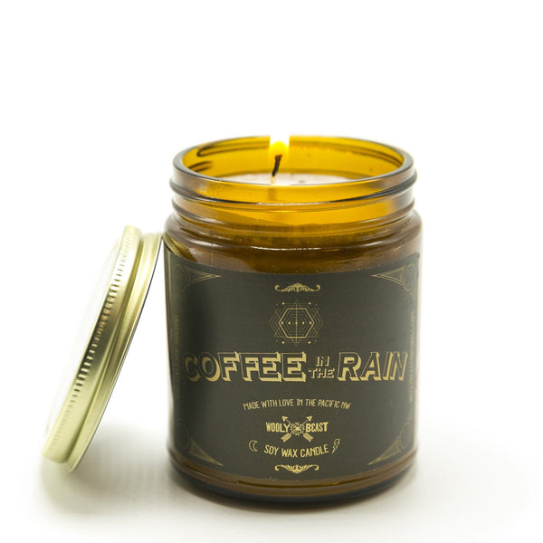 COFFEE in the RAIN Soy Candle | Coffee, Rain, Cedarwood Candle Wooly Beast Naturals 9oz Amber Glass Apothecary Jar 