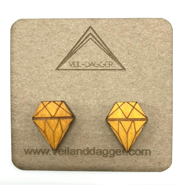 Wooden Diamond Stud Earrings Jewelry Veil+Dagger 